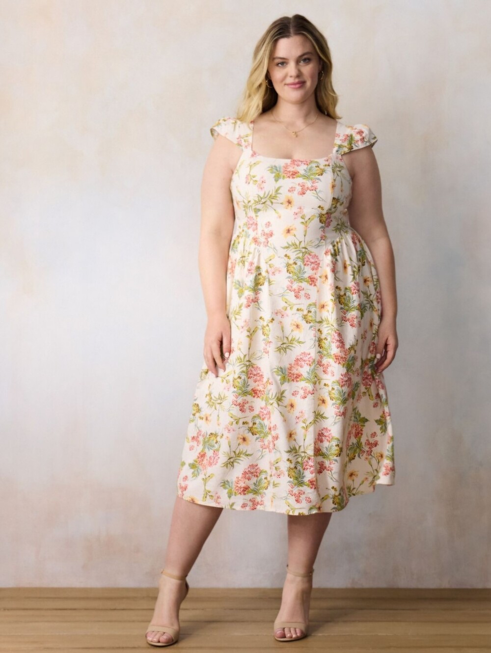 LC Lauren Conrad Cream Floral Square-Neck Midi Dress - NWT